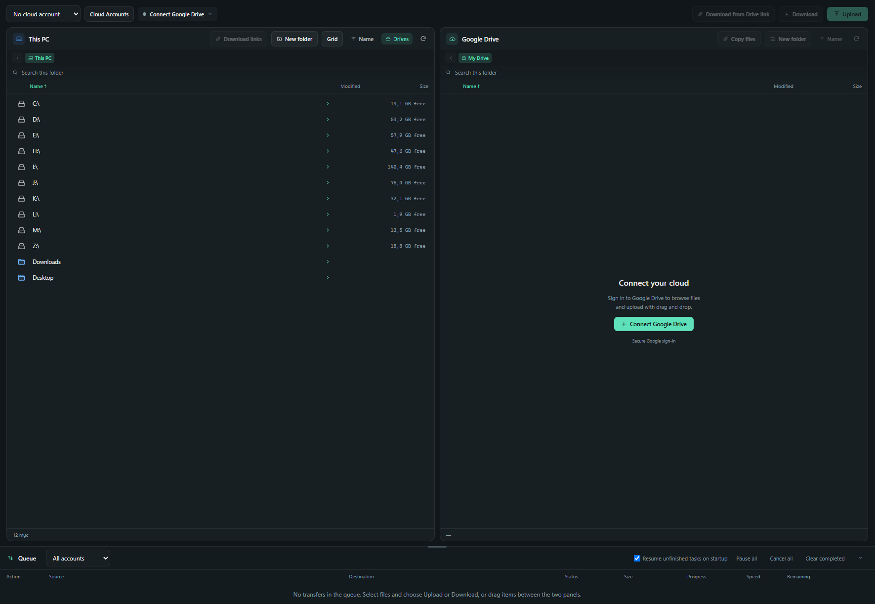 DriveFlow window: local drives on the left, Google Drive on the right, with a transfer button between them